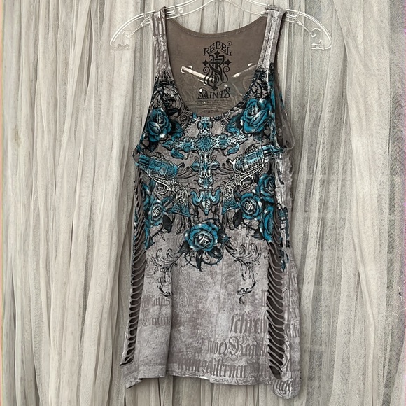 ⭐️ Rebel Saints gray tank top turquoise guns & roses distressed stylized S - Picture 2 of 9